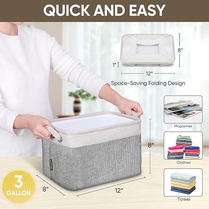 BALEINE 2 Pack Fabric Storage Bins for Shelves, Linen Storage Baskets for Organizing, Decorative Closet Bins for Clothes, Home (Grey, 12"x8"x8")