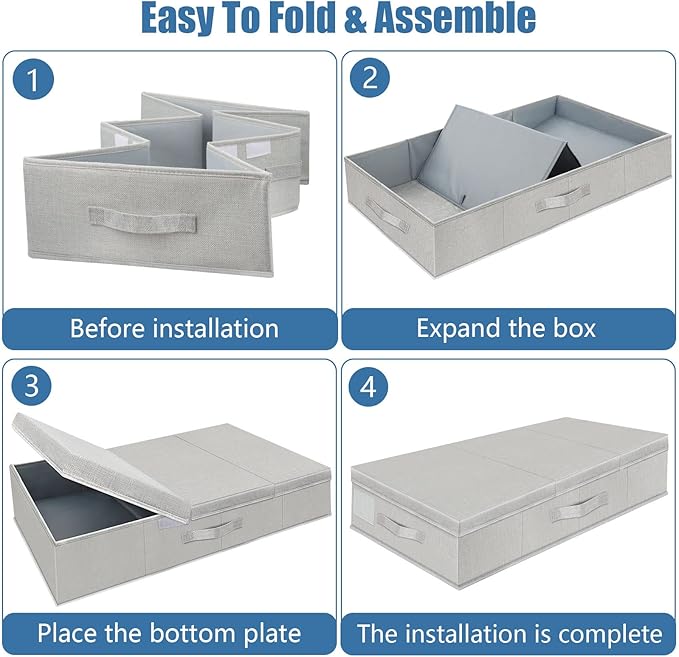 Underbed Storage Containers Bin with Lids, Large Under Bed Storage Organizer Box with Handle, Foldable Under the Storage Bags for Organizing Clothes, Shoes, Blankets, Pillows