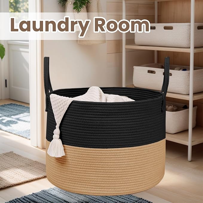 Woven Blanket Basket,65L Large Rope Storage Bin with Handles, Organizer for Blankets Toys Book and Clothes, Laundry Basket for Living Room Bedroom Nursery,Black&Jute