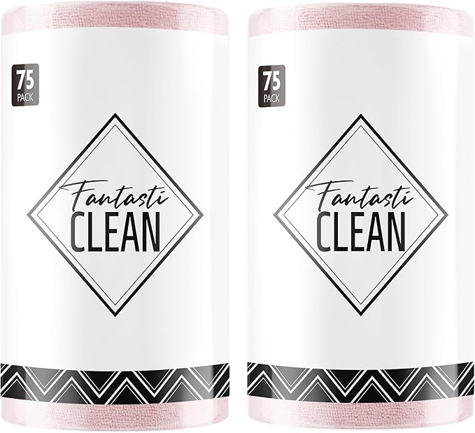 Fantasticlean Microfiber Cleaning Cloth Roll -150 Pack, Tear Away Microfiber Towels, 12" x 12", Reusable, Washable, Ultra Absorbent Dishcloth for Home Supplies, Car, Pet, Kitchen (2 Rolls of Pink)