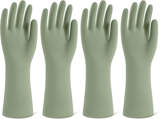 Rubber Cleaning Gloves for Dishwashing, 4 Pairs Reusable Kitchen Gloves for Washing Dishes and Household Cleaning, Green Dish Gloves with Flocked Lining and Non-Slip Grip, Pefect for Woman Men - L