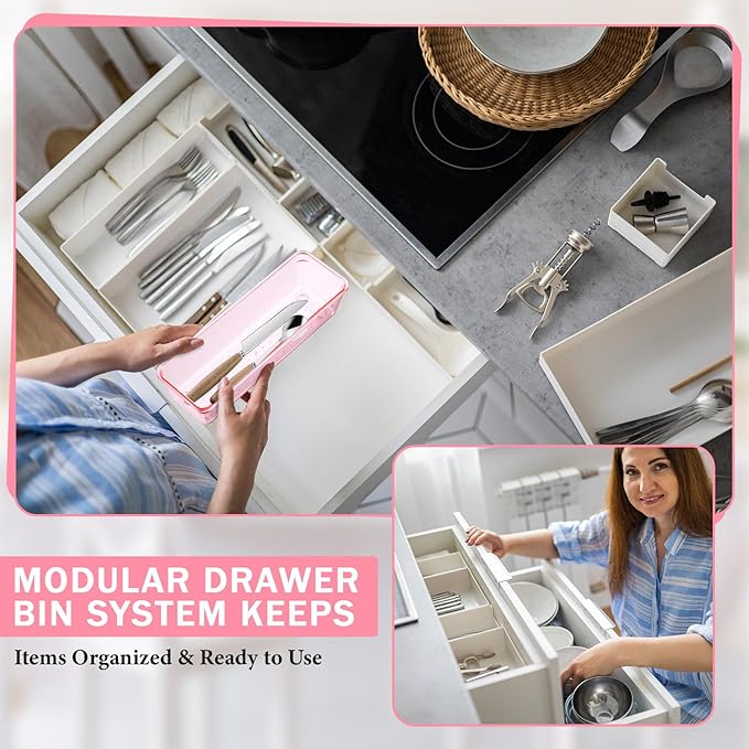 Maitys 12 Pcs Vanity Drawer Organizer 9 x 3 x 2 Inches Clear Plastic Utensil Organizers Kitchen Drawers Dividers for Office Desk Silverware Kitchen Utensils Cosmetics and Bathrooms(Pink)
