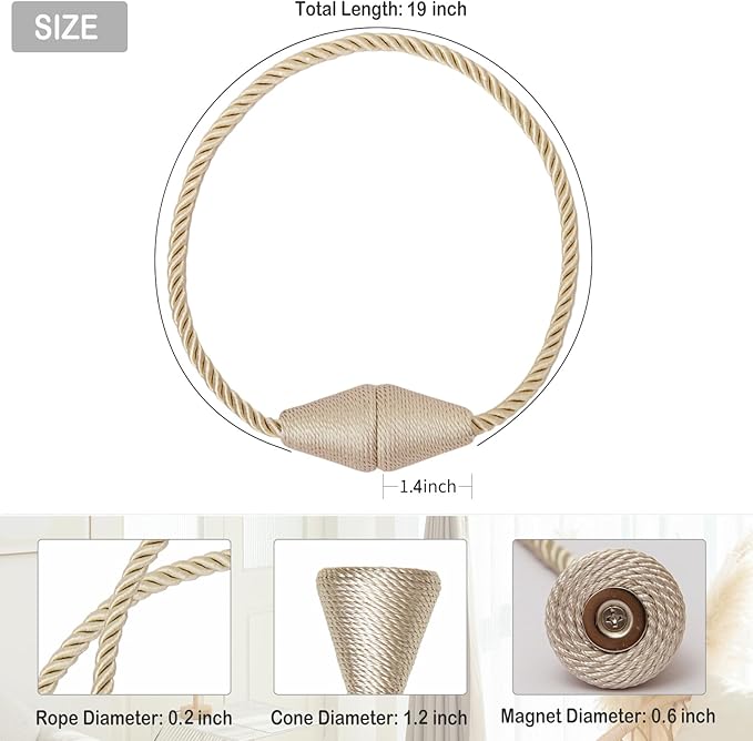 Magnetic Curtain Tiebacks 8 Pack Outdoor Rope Curtain Tie Backs Decorative Window Treatment Holdbacks for Home Decorative Curtain, Beige