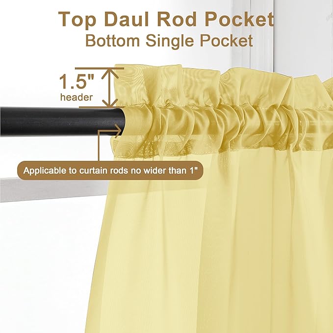 Chyhomenyc Yellow Sheer Curtains 30 inch Length 2 Panels, Light Filtering Voile Rod Pocket Short Window Curtians for Bathroom Living Room Farmhouse Small Windows, 42Wx30L inches