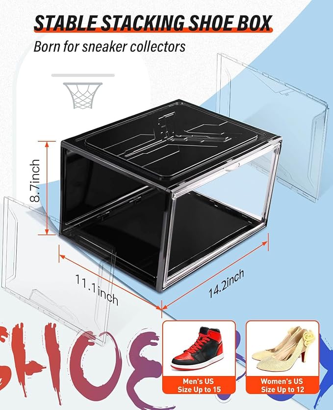 KDOR Shoe Boxes Clear Plastic Stackable 10 Pack Sneaker Storage Boxes with Magnetic Door, Acrylic Display Case, Strong and Sturdy Fit Shoe Size Up to US 15
