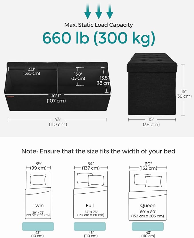 SONGMICS MAZIE Collection - 43 Inches Folding Storage Ottoman Bench, Ottoman Foot Rest, End of Bed Bench, Storage Chest, Load 660 lb, for Living Room, Bedroom, Entryway, Ink Black ULSF077B01