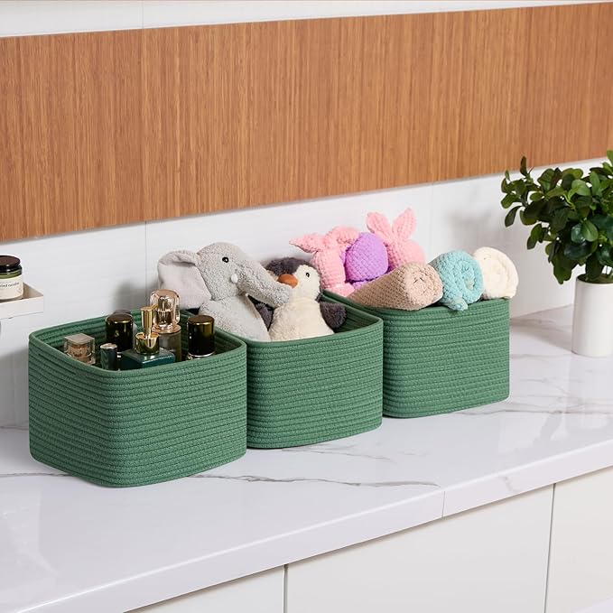 Small Organizing Baskets for Cubes Shelf, 9.7x9.7x7.1 Inch Rope Woven Storage Bins for Nursery Shelves Storage, Cute Toy Basket, Square 3 Packs Green