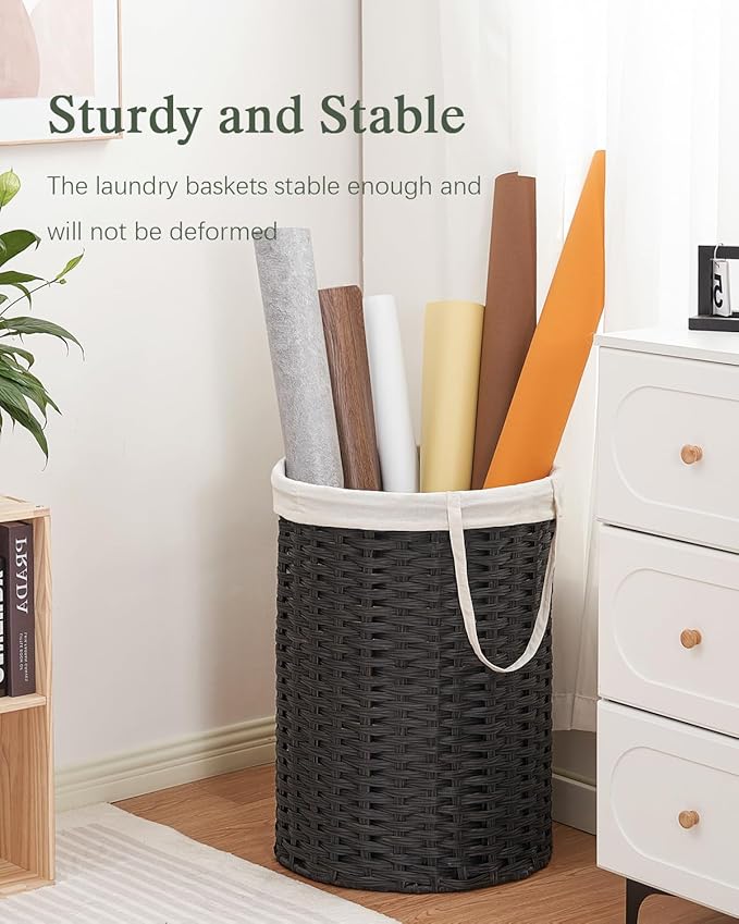 Laundry Basket Round Rattan Laundry Hamper 29.1 Gal (110 L) Handwoven Large Wicker Basket with Handles, Wicker Hamper with Removable Bags and 2 Mesh Bags for Bathroom Living Room Black