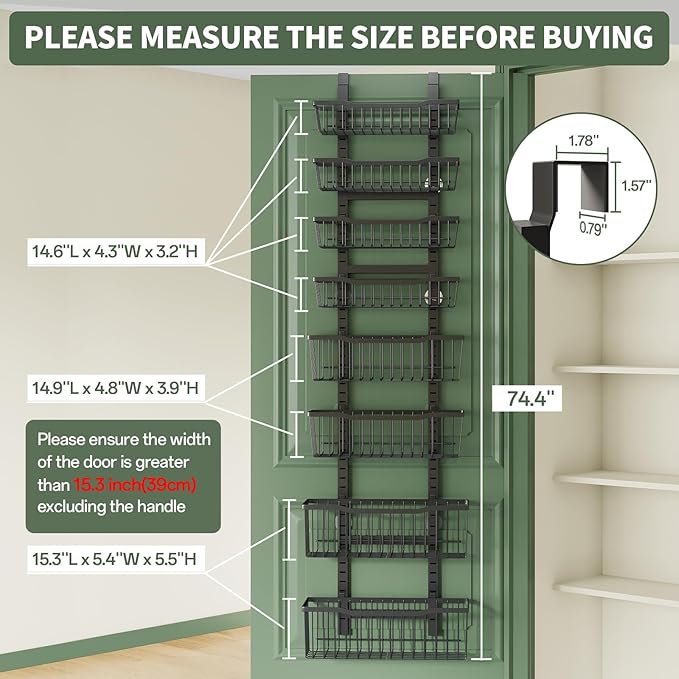 Over The Door Organizer，8-Tier Over The Door Pantry Organizer with Adjustable Baskets，Metal Hanging Pantry Organizers and Storage for Kitchen, Back of Door Seasoning Rack (Black)