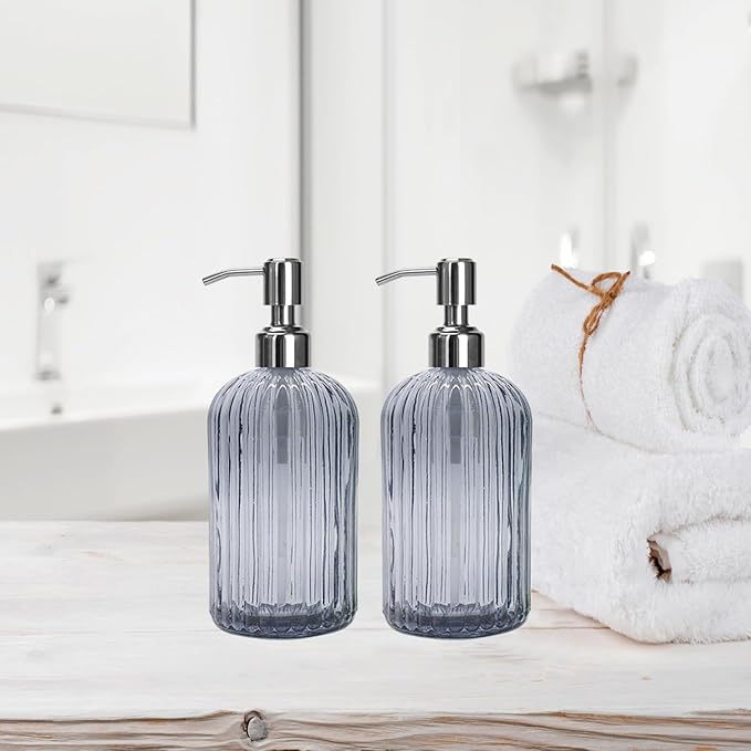Grey Glass Soap Dispenser 18 oz, 2 Pack Hand Dish Soap Dispensers Bathroom with Stainless Steel Pump, Refillable Kitchen Liquid Decorative Bottles for Hand Sanitizer, Lotion
