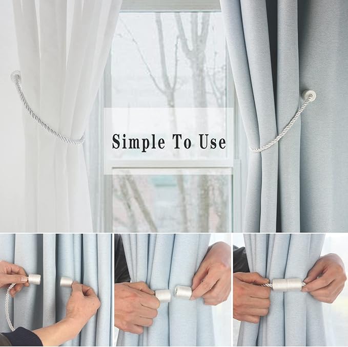 Magnetic Curtain Tiebacks 2 Pack White Rope Tieback Curtains Holders for Drapes Modern Tie Backs Decorative Window Treatment Holdbacks