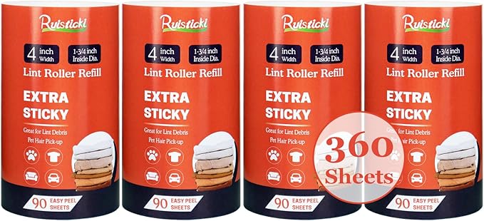 4 inch Lint Roller Refills Only for Scotch Brite, Everyday Clean Lint Roller Refills Pack of 4 Rolls, Extra Sticky 90 Sheets per Refill, 360 Sheets Total (Inside Dia. 1 3/4 inch)