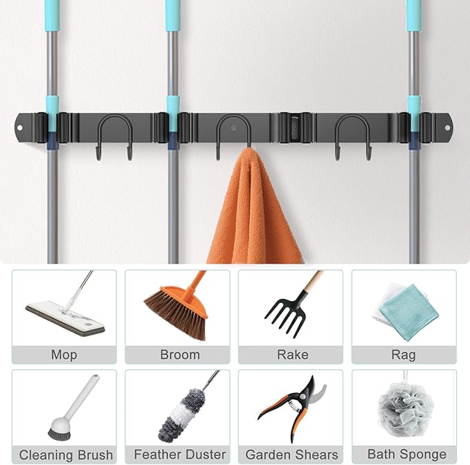 Broom Holder Wall Mount, 2 Packs Black Stainless Steel Tool Storage Organizer for Kitchen Garden Garage Laundry Room Bathroom and RV with 4 Slots 6 Hooks