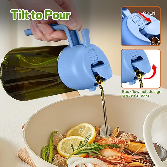 YARRAMATE 16oz/470ml Dark Green Oil Sprayer for Cooking with Stickers, Food-grade Premium 2 in 1 Olive Oil Dispenser Bottle for Kitchen Gadgets, Air Fryer, Salad, Frying, BBQ (SkyBlue)