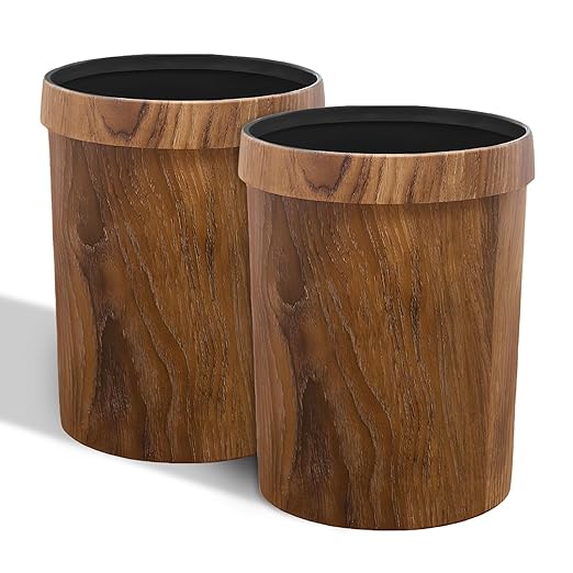 Wood Grain Plastic Trash Can Bedroom, Round 2-Pack, 3.4 Gal Farmhouse Wastebasket Bin Retro Style, Brown Trash Can for Room Aesthetic, Open Top Garbage Can for Office, Living Room, Hotel, Bathroom
