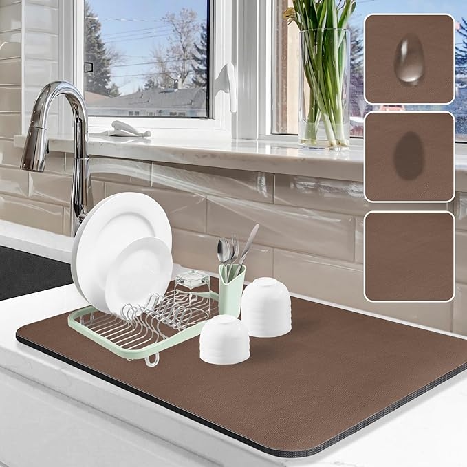 Dish Drying Mat for Kitchen Counter, 16"x24" Dish Drying Pad with Non-slip Rubber Backed, Hide Stain Anti Absorbent for Kitchen Counter, Drying Mat for Coffee Machine Dish Rack (Brown)