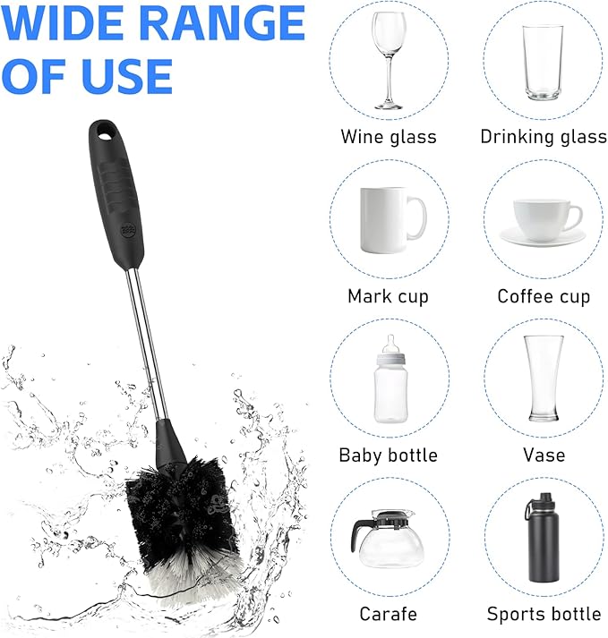 SetSail Bottle Brush of 3 Pack, 13-in Long Stainless Steel Handle Water Bottle Cleaner Brush Non-Slip Grip Bottle Brushes for Cleaning Water Bottles Sport Bottles Coffee Mugs Glasswares Cups, Black