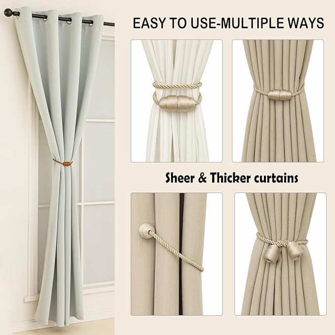 Magnetic Curtain Tiebacks Rope Curtain Tie Backs for Curtains 4 Pack Curtain Holders for Drapes Decorative Window Curtain Holdbacks, Beige