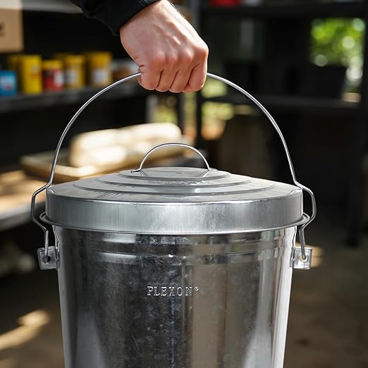 Plexon 6 Gallon Outdoor Trash Can with Lid Galvanized Metal Bucket with Locking Lid for Poultry Feed Bird Seed Storage Ash Small Garbage Can, 6 Pack