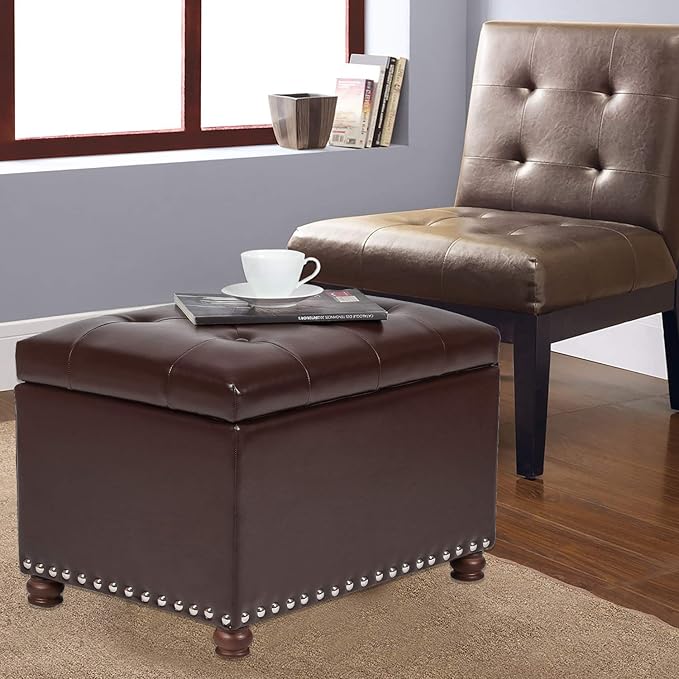 Leather Storage Ottoman Bench Foot Rest Stool with Nailhead Trim (Dark Brown - Button Tufted Leather)