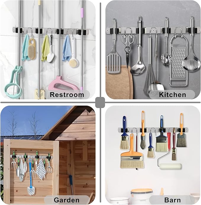 Mop Broom Holder Wall Mount, Silver Stainless Steel Tool Storage Organizer for Kitchen Garden Garage Laundry Room Bathroom and RV with 4 Slots 6 Hooks