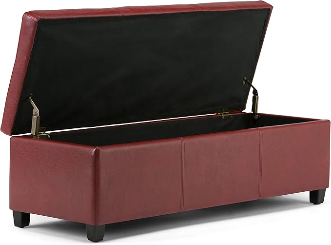 SIMPLIHOME Avalon 48 inch Wide Contemporary Rectangle Storage Ottoman Bench in Red Vegan Faux Leather, Assembled, for the Living Room, Entryway and Family Room