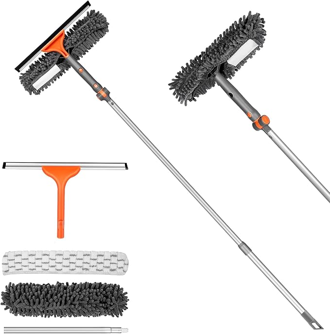 Chabatree Window Squeegee Cleaner Set 2-in-1 Window Cleaning Tool with Extendable Pole, Window Cleaning kit with Bendable Head for Indoor & Outdoor Glass for Car Indoor Outdoor High Windows（Kit1.0）