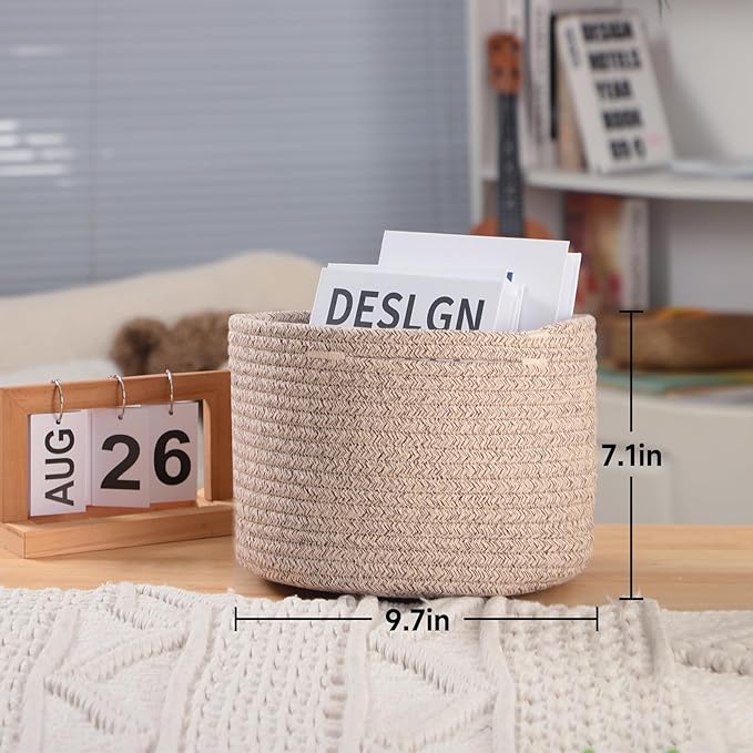 Small Basket for Organizing | Cube Shelf Closet Storage Baskets | 9.7×9.7×7.1” | Woven Rope Gift Basket | Nursery | Round 3 Packs Mixed Brown