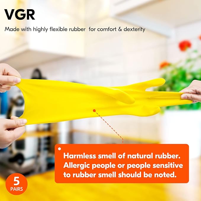 Vgo... 5-Pairs Reusable Household Gloves, Rubber Dishwashing gloves, Extra Thickness, Long Sleeves, Kitchen Cleaning, Working, Painting, Gardening, Pet Care (Size S, Yellow, HH4601)