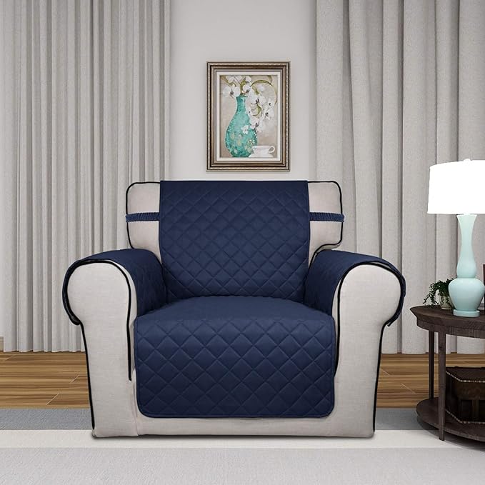PureFit Reversible Quilted Sofa Cover, Water Resistant Slipcover Furniture Protector, Washable Couch Cover with Non Slip and Elastic Straps for Kids, Dogs, Pets (Chair, Navy/Ivory)