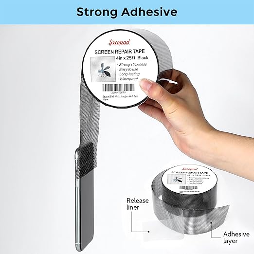 Black Window Screen Repair Tape, 4IN X 25FT (300IN) Screen Repair Kit for Windows or Doors, Strong Adhesive Patch Kit Fiberglass Mesh Tape