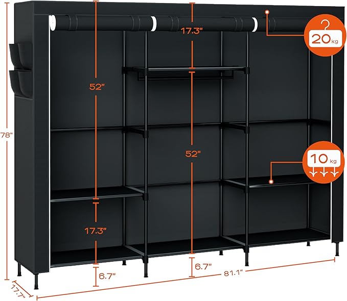 Portable Closet, 81.1 Inch Extra Large Capacity Wardrobe Closet with Cover, Clothes Storage Organizer with Shelves and 3 Hanging Rods, Easy to Assembly, Black PCT133B01