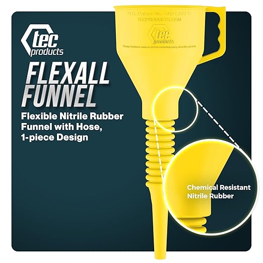 TEC Products FlexAll Long Flexible Funnel for Automotive Use - Durable Nitrile Rubber - Ideal for Car Oil Change, Transmission Funnel Fluid, Diesel, Fuel, Gas - Made in USA - Yellow (16 x 5 Inches)