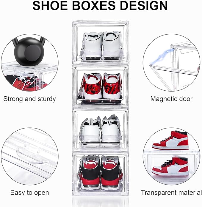12 Pack Acrylic Shoe Boxes, Ultra Clear Shoe Boxes Stackable, Shoe Storage Box Sneaker Storage for Sneakerhead, Foldable Shoe Organizer with Magnetic Door, Professional Shoe Display Fits US Size 15