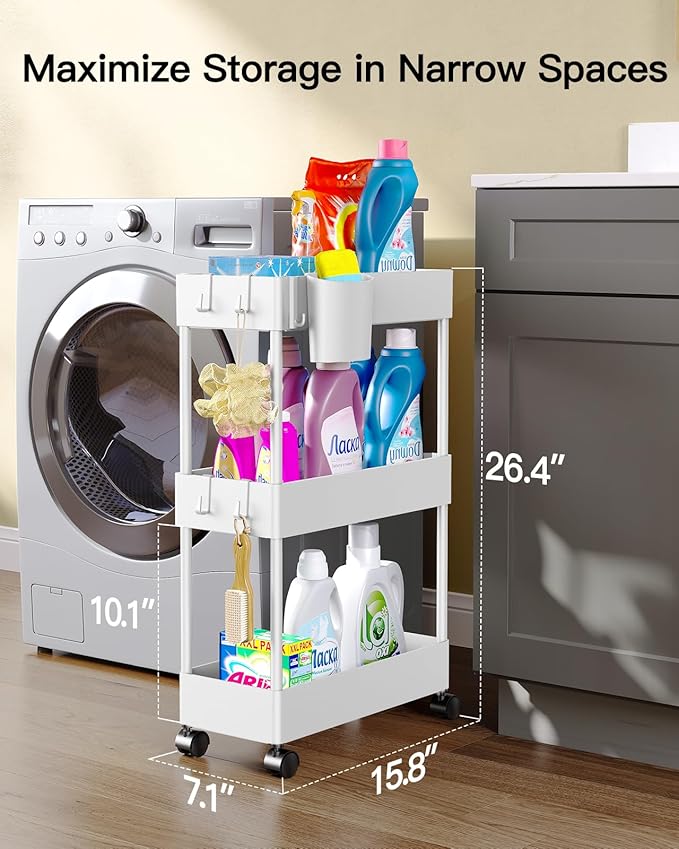 Pipishell Slim Storage Cart with Wheels, Bathroom Cart Organizer Bathroom Storage Small, Rolling Cart for Bathroom, Laundry Room, Kitchen, Narrow Space, White PIUC04W