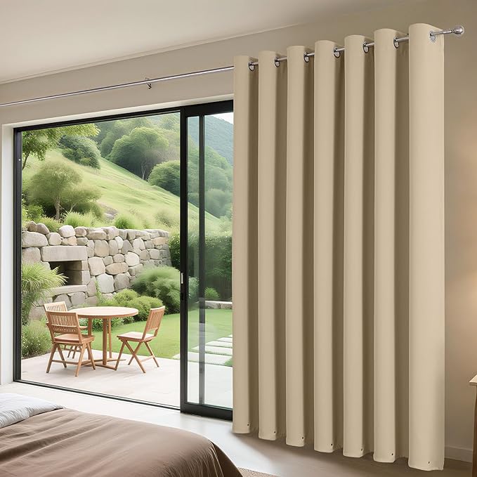 Joydeco Blackout Patio Sliding Door Curtains 90 Inches Long, Grommet Privacy Room Divider Curtains, Extra Wide Thermal Blackout Drapes for Bedroom Living Room (Light Beige, 70Wx90L, 1 Panel)