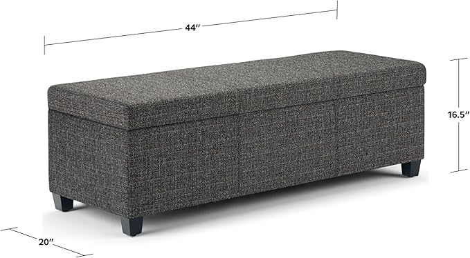 SIMPLIHOME Avalon 48 inch Wide Contemporary Rectangle Storage Ottoman Bench in Dark Grey Tweed Look Fabric, Assembled, For the Living Room, Entryway and Family Room