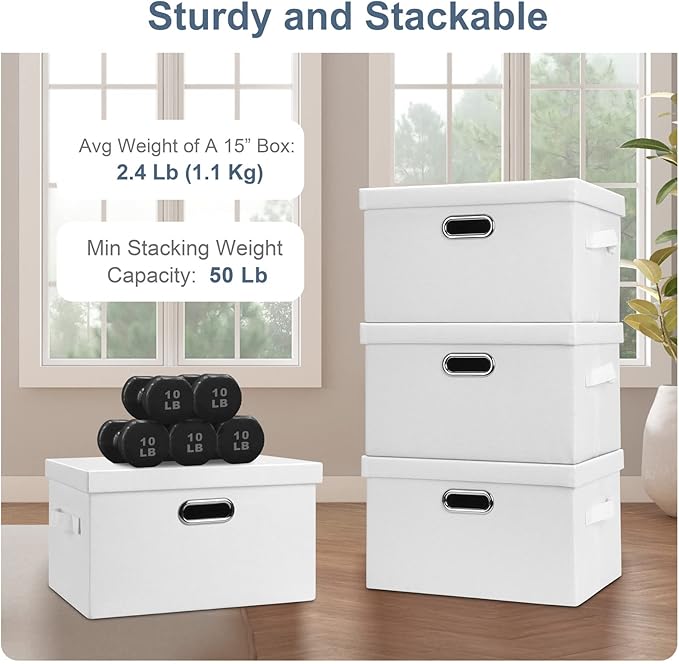Medium 15" 21 Quart Collapsible Stackable Storage Bins with Lids, 3 Packs White Foldable Fabric Closet Boxes Heavy-duty Linen Cube Baskets Container for Bedroom Office (15 x 11 x 8)