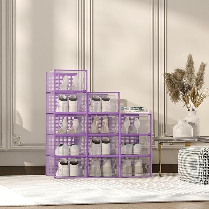 Kuject X-Large Shoe Storage Boxes Organizers Clear Plastic Stackable 12 Pack, Shoe Rack & Holder Substitute, Sneaker Containers, Toy Storage Organizer Bins for Entryway, Closet, Under Bed, Purple