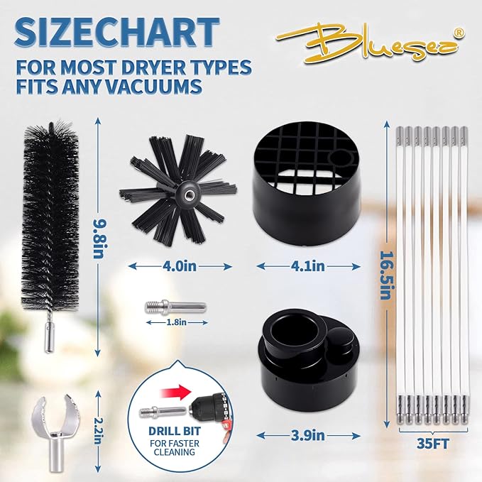 Bluesea 7 Pieces 35 Feet Dryer Vent Cleaner Kit, Reinforced Nylon Dryer Vent Cleaning Kit, Durable Dryer Vent Brush Vacuum Attachment with Flexible Lint Trap Brush, Vacuum & Dryer Adapters Upgrade