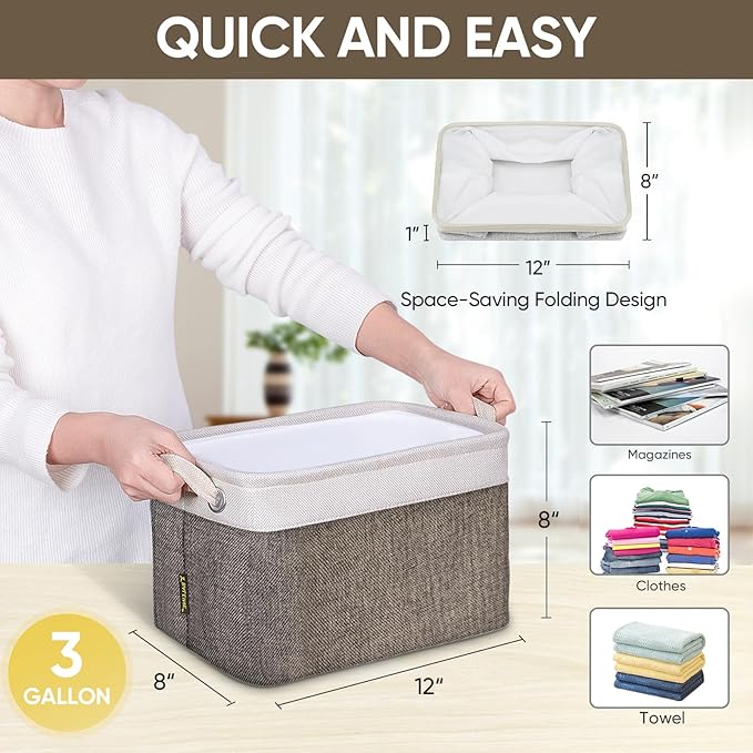 BALEINE 3 Pack Fabric Storage Bins for Shelves, Linen Storage Baskets for Organizing, Decorative Closet Bins for Clothes, Home (Brown, 12"x8"x8")
