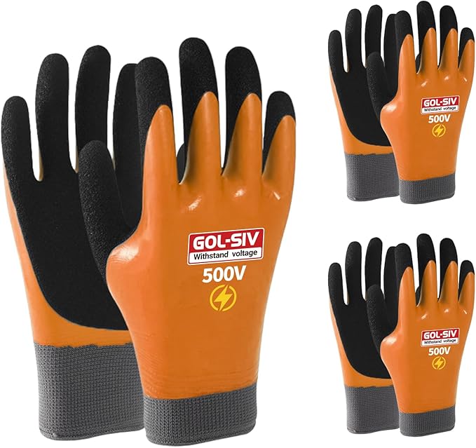 Electrical Insulated Gloves, 500V High Voltage Resistance Electrician Safety Gloves, Rubber Non Slip Work Gloves (500V|double insulated, 3pcs-Large)