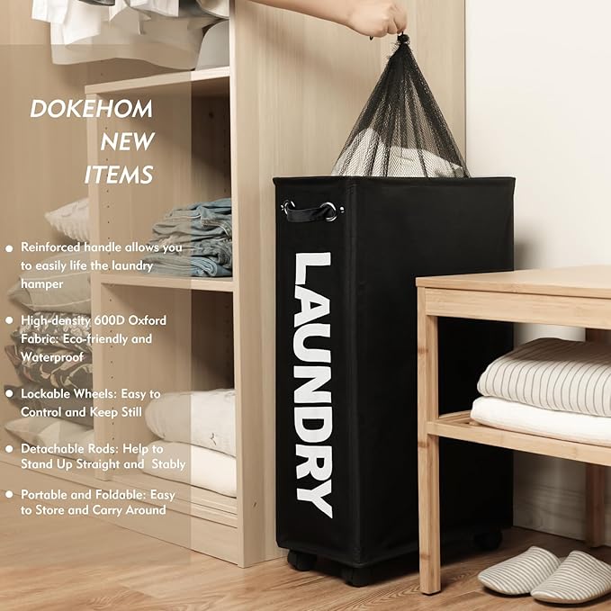 DOKEHOM 29-Inches Enlarged Slim Laundry Basket with Removable Wash Bag on Wheels, Collapsible Rolling Laundry Hamper, Foldable Narrow Corner Clothes Storage Bins (Black)