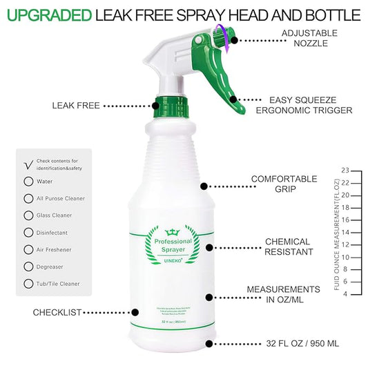 Plastic Spray Bottle 2 Pack, 32 Oz, All-Purpose Heavy Duty Spraying Bottles Leak Proof Mist Empty Water Sprayer for Cleaning Solution, Essential Oils, Hair, Planting with Adjustable Nozzle - Green