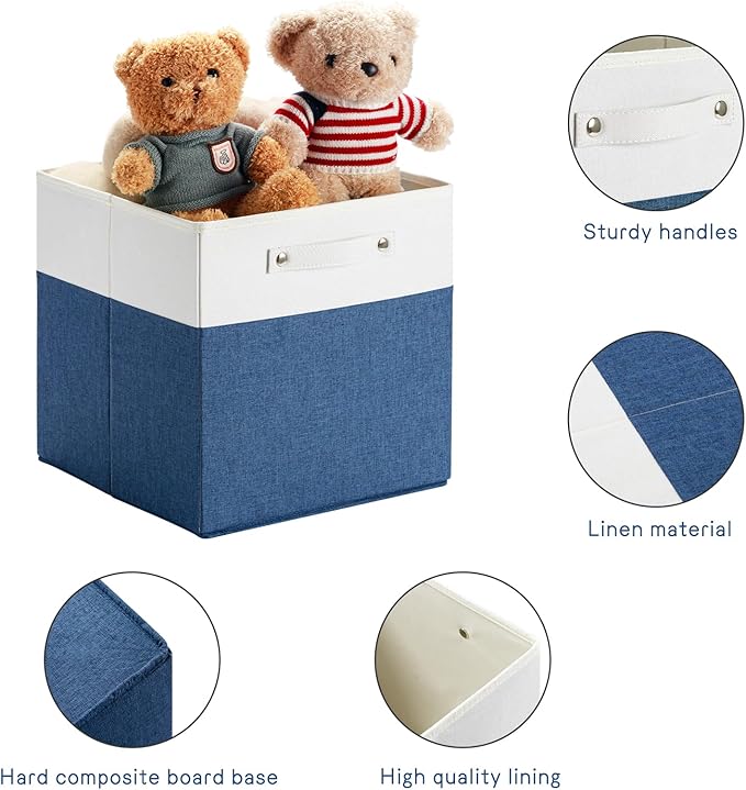 13 x 13 Inch Fine Linen Storage Bins with Handles，Fabric Cube Boxs，Collapsible Basket Organizers for Shelves for Home, Closet Drawers (White/Blue-6 Pack)