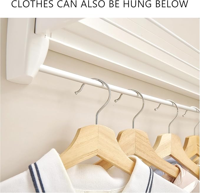 JOOM Laundry Drying Rack Collapsible, Wall Mounted Drying Rack, Clothes Drying Rack, Retractable Drying Racks, 27.5" Wide, 5 Aluminum Rods with Hooks, 60 lb Capacity (White 27.5" with Hooks)