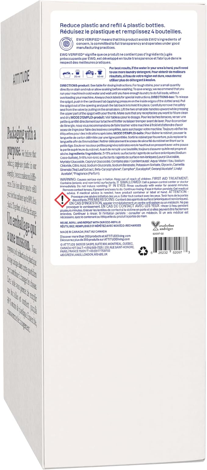 ATTITUDE Liquid Laundry Detergent Refill, EWG Verified, HE Compatible, Plant-Based & Vegan, Natural Laundry Soap, Lavender Scent, 160 Loads, 135.26 Fl Oz
