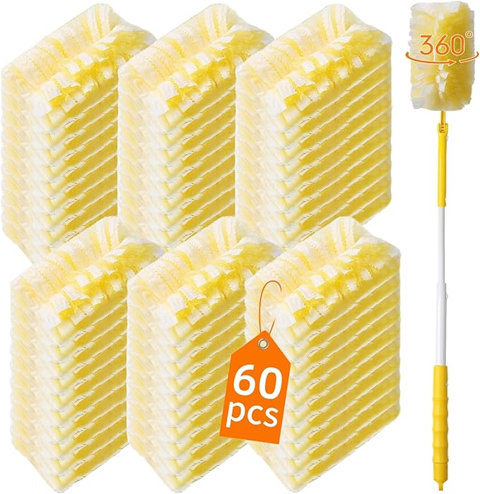 60 Count 360° Heavy Duty Duster Refills Compatible with Swiffer,Large Size-Extra Thick Disposable Electrostatic Feather Duster Refill with 1 Retractable Handle(35-inch Length Fully expanded)