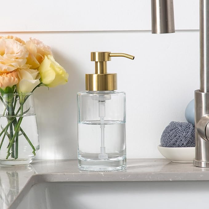 Enra Foam Soap Dispenser,12oz Thick Glass Bathroom Soap Dispenser with Stainless Steel Gold Pump for Bathroom Kitchen(Clear/Gold Poam Type)