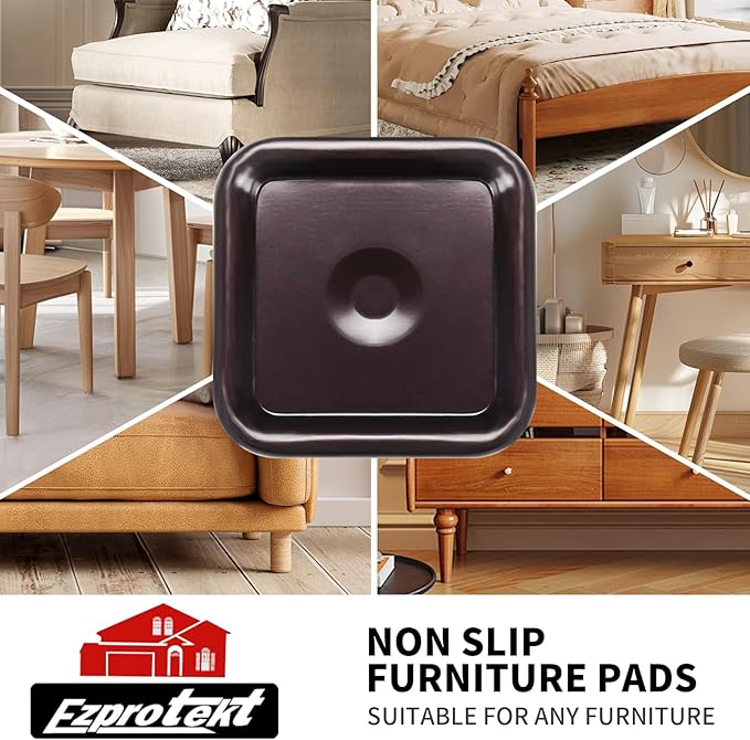 Ezprotekt 2 1/2" Square Non Slip Furniture Pads with Drip Glue Non-Woven Fabric Bottom, 16 Pcs Anti Skid Furniture Coasters Cups Floor Protectors for Bed, Sofa, Table, Chair, Cabinet, Brown/Black